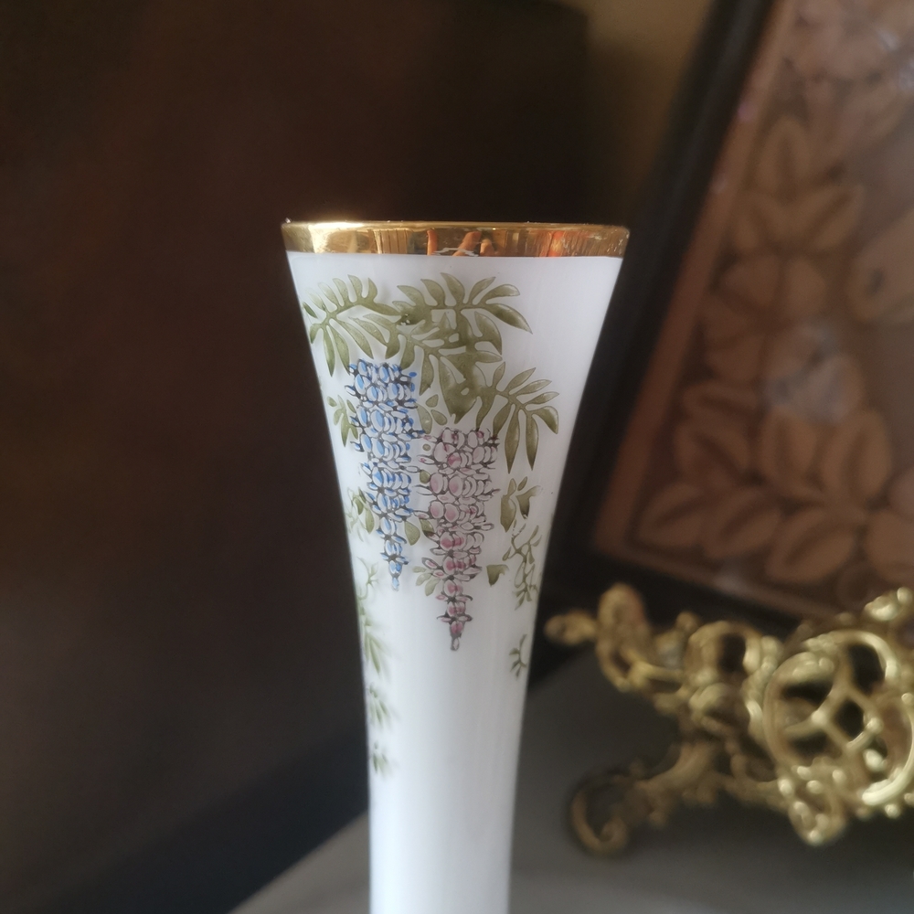 White Frosted Glass Bud Vase with Gold Trim Hand Painted Floral & Bird Motif - Picture 3 of 10